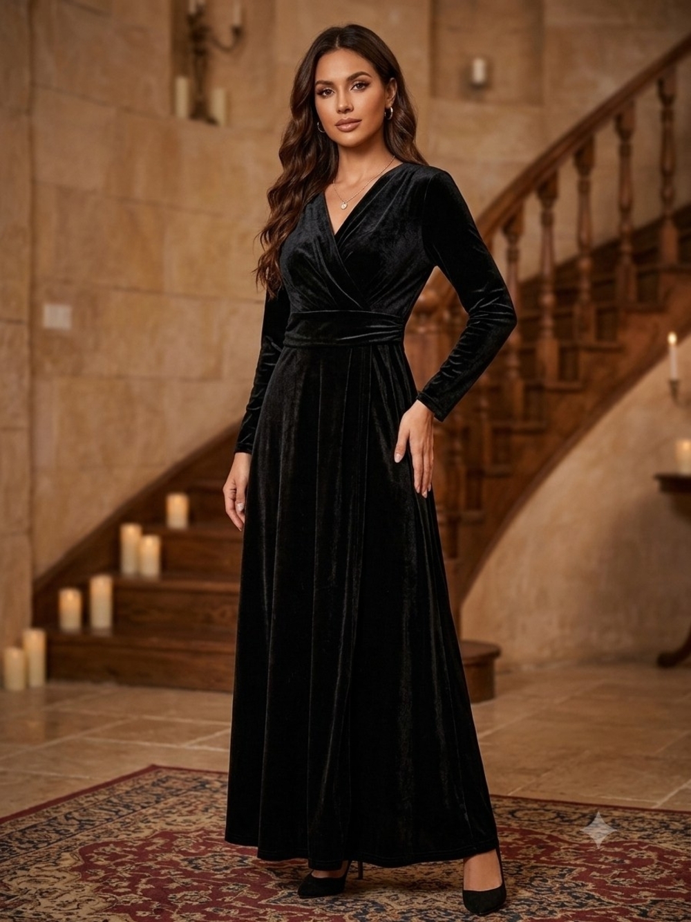 Black Velvet Long-Sleeve Wrap Maxi Dress